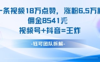 一条视频18W点赞，涨粉6.5W粉佣金8541米，视频号+抖音=王炸