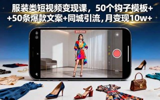 服装类短视频变现课，50个钩子模板+50条爆款文案+同城引流，月变现10w+