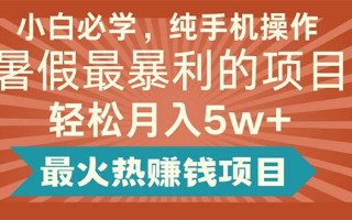 小白必学，纯手机操作，暑假最暴利的项目轻松月入5w+最火热赚钱项目