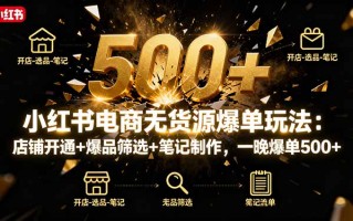 小红书电商无货源爆单玩法：店铺开通+爆品筛选+笔记制作，一晚爆单500+