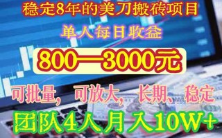 稳定8年的美刀搬砖项目，单人每日收益800—3000.团队4人月入10W+.可线下