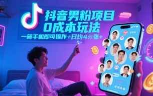 抖音男粉项目0成本玩法，一部手机即可操作，日均4张+，时间自由