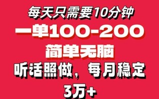 每天10分钟，一单100-200块钱，简单无脑操作，可批量放大操作月入3万+！