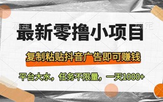 最新零撸小项目，复制粘贴抖音广告即可赚钱，平台大水，任务不限量，一…