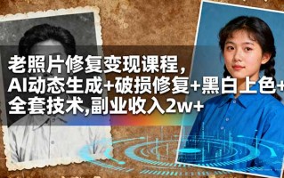 老照片修复变现课程，AI动态生成+破损修复+黑白上色+全套技术,副业收入2w+