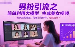 男粉引流之简单利用大模型生成美女视频，条条原创爆款，简单上传制作，变现日1k+