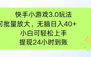 快手小游戏3.0玩法，可批量放大，无脑日入40+，小白可轻松上手，提…