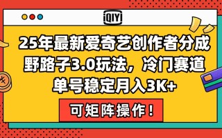 25年最新爱奇艺创作者分成野路子3.0玩法，冷门赛道，单号稳定月入3K+，…