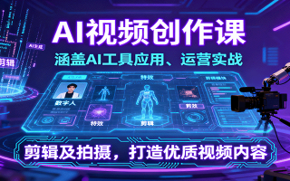 AI视频创作课，涵盖AI工具应用、运营实战、剪辑及拍摄，打造优质视频内容