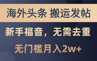 海外头条撸美金，搬运发帖，新手福音，甚至无需去重，无门槛月入2w+